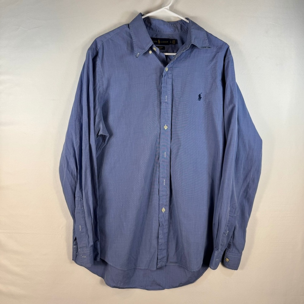 Ralph Lauren Mens Large Blue Cotton Stretch Button Down Shirt Long Sleeve Pony
